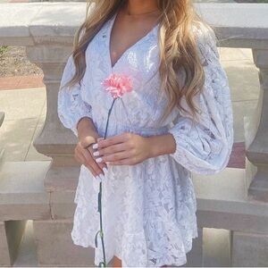 Hello Molly White V-Neck Bishop Sleeve Mini Dress